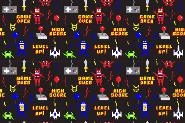 Retro Arcade Gaming repeating seamless pattern background design in pixel style Vector illustration of a Retro Arcade Gaming repeating seamless pattern background design. Includes pixel style retro arcade graphics such as robots, joystick, game controller, spaceship, sword, aliens, balloons and text design such as High Score, Game Over and Level Up! Easy to edit. EPS 10. space invaders game stock illustrations