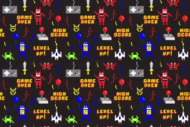 Vector illustration of Retro Arcade Gaming repeating seamless pattern background design in pixel style