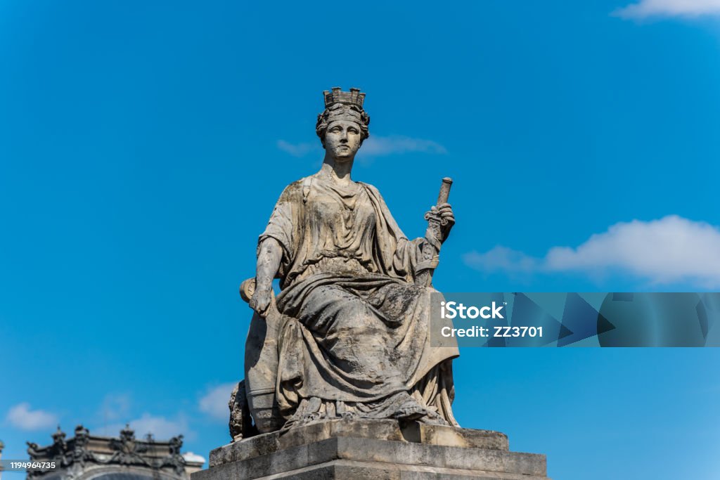 La Seine statue by Louis Petitot on the Pont du Carrousel in Paris, a historic monument in Paris, France. A central landmark of the Paris city. Antique Stock Photo