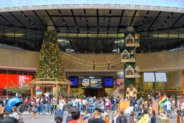 Sao Paulo - SP, Brazil - November 17, 2019: Front of the Shopping Center 3 with christmas decoration, mall at downtown, commerce of Paulista avenue. Tourist spot.