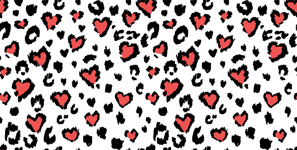 Leopard or jaguar print seamless pattern, textured fashion print, abstract safari background for fabric, textile. Effect of big tropical wild cat fur spots stylized as hearts with pink camouflage. The texture was made by using standard Procreate brush and traced before use.
