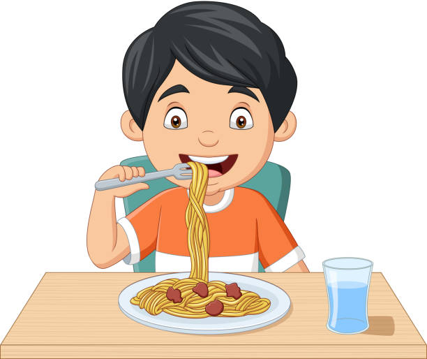 stockillustraties, clipart, cartoons en iconen met cartoon kleine jongen eten spaghetti - jongen peuter eten