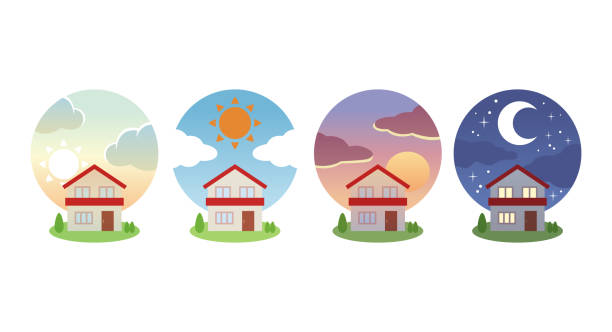 Morning, noon, evening, night scenery Time zone icons set sunny day stock illustrations