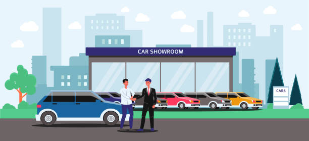 Car showroom - cartoon man buying a blue car from seller in costume Car showroom - cartoon man buying a blue car from seller in costume, exterior of automobile dealership building with colorful vehicles parked outside - flat vector illustration banner car sales stock illustrations