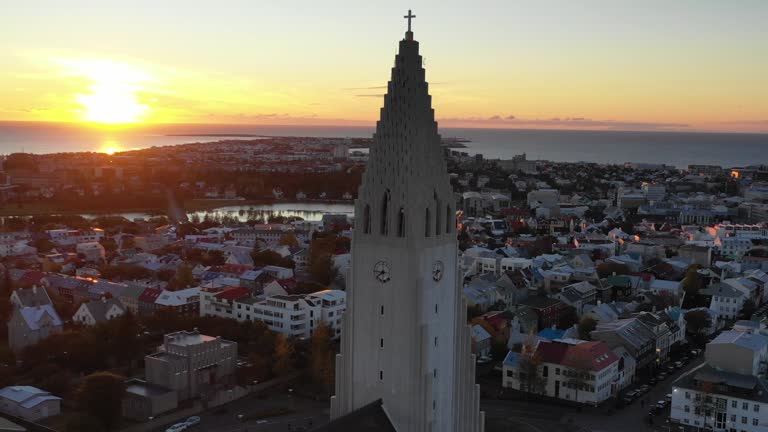 Aerial 4K Footage of Sunset over Reykjavik, Iceland