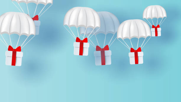 istock Parachute white floating on sky.Delivery service with Gift Box on blue background.happy new years and merry Christmas.Festival transportation concept.Creative paper cut and craft style illustration 1194993394