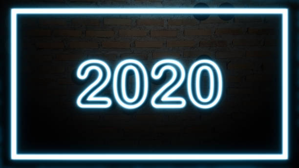 istock Neon realistic symbol text design template billboard. Neon 2020 Hello Happy new year holiday season sign. Light with-blue glowing Banner on Old vintage brick wall.Graphic frame logo Illustration. 1194993430