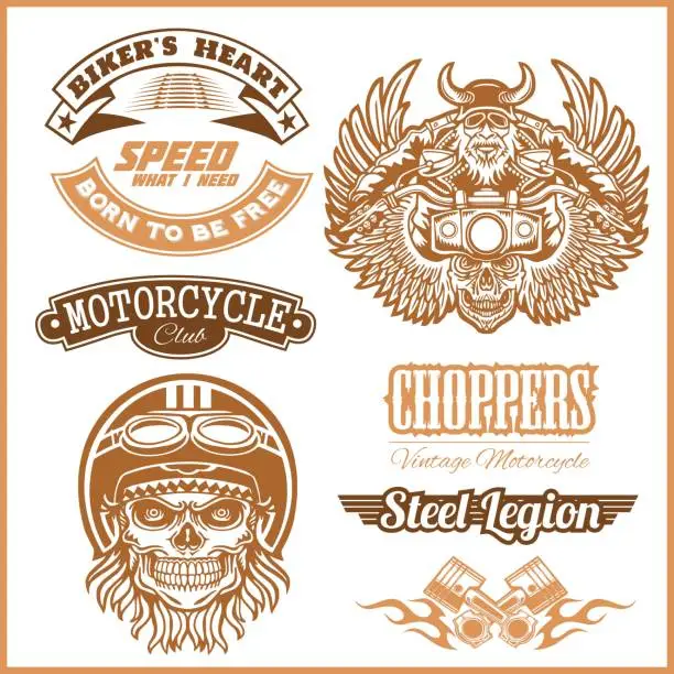 Vector illustration of Set of Vintage motorcycle t-shirt prints, emblems, labels, badges and logos. Monochrome style. Isolated on black background