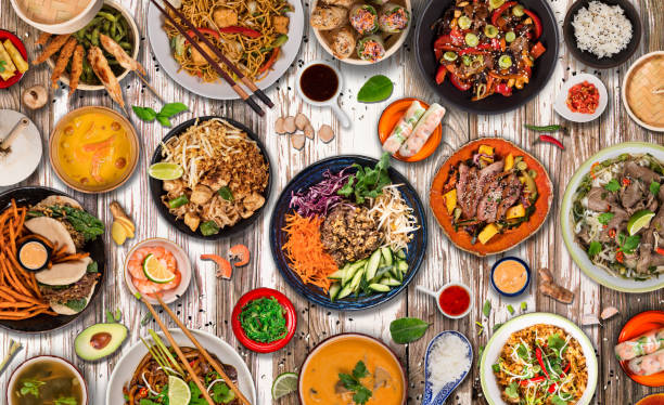 istock Asian food background with various ingredients on rustic wooden background , top view. 1194995295