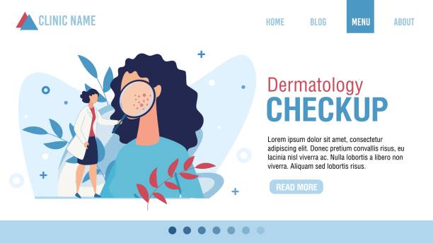 ilustraciones, imágenes clip art, dibujos animados e iconos de stock de flat landing page advertising dermatology checkup - dermatología