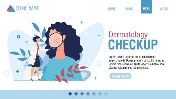 Flat Landing Page Advertising Dermatology Checkup Landing Page Advertising Dermatology Checkup. Woman Dermatologist with Magnifying Glass Examining Patient. Face Skin Rash Problem. Health Skincare. Online Consultation. Cartoon Vector Illustration dermatology stock illustrations