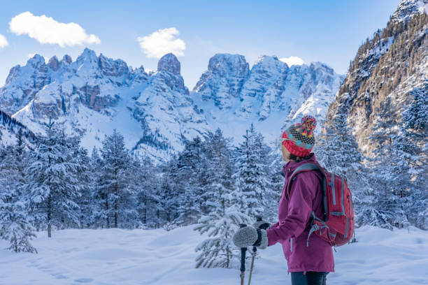 istock Snowshoeing in the Dolomites under the Three peaks 1195000226