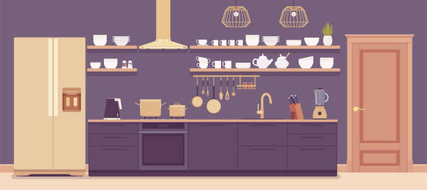 küchenraum-interieur - küche modern stock-grafiken, -clipart, -cartoons und -symbole