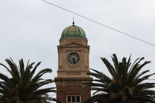 uma torre de relógio coberta de cobre velha de encontro a um céu branco nublado flanqueado por palmeiras tropicais ao longo do passeio do beira-mar em melbourne, victoria litoral, austrália - melbourne australia clock tower clock - fotografias e filmes do acervo