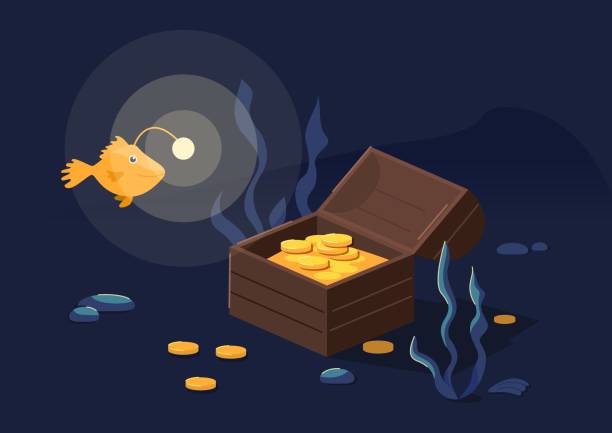 istock Underwater background with treasure chest and angler fish. Vector illustration 1195002743