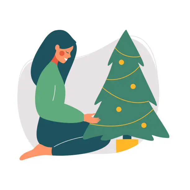 Vector illustration of Young woman sits near the green Christmas potted tree