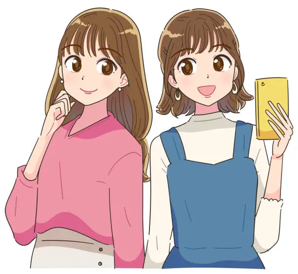 Vector illustration of Two young and cute girls.They are back to back.