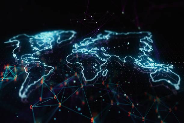 istock Holographic world map illustration on abstract big data background. Future Technology Concept. 3D Rendering 1195003859
