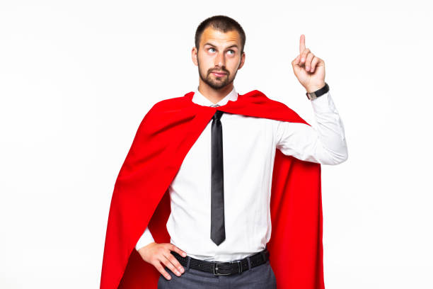 istock Young businessman superhero have idea isolated on white background 1195004945