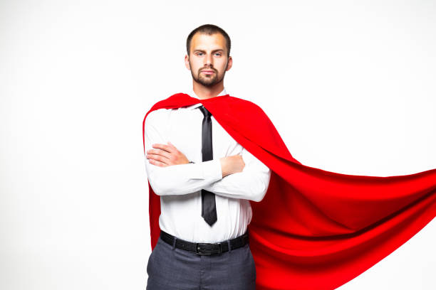 istock Young business man Superman isolated on the white background 1195005403