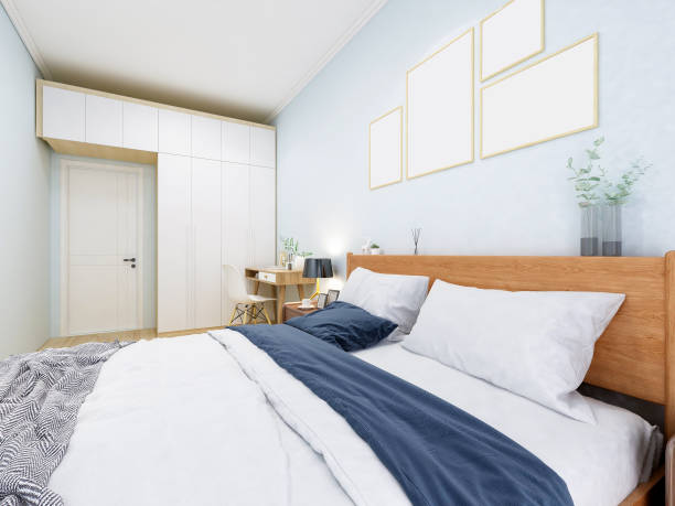 istock Elegant bedroom with a customized wardrobe, desks and chairs 1195006170