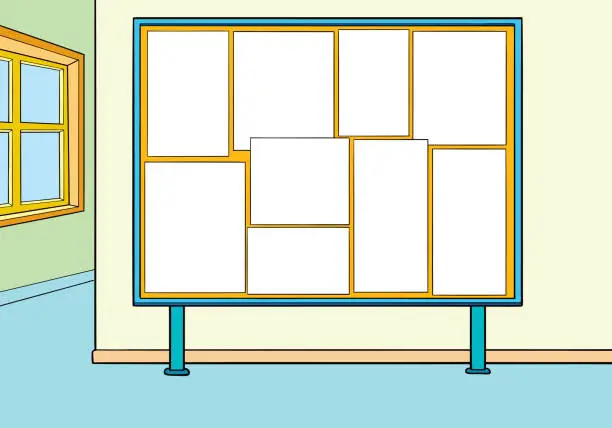 Vector illustration of Cork message board with wood frame, different note papers