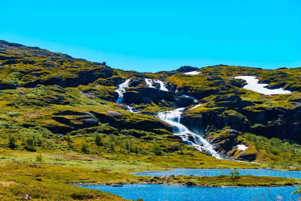 Green summer landscape with river and lake in Hallingskarvet National Park, central Norway. Norwegian County Road 50