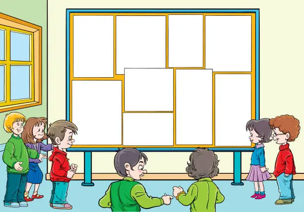 Vector illustration of Children standing in front of white board