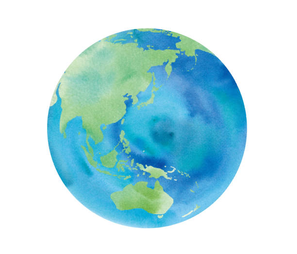 지구 수채화 일러스트 트레이스 벡터 - 일본, 아시아, 호주, 중국, 인도네시아, 태평양 - 세계지도 일러스트 stock illustrations