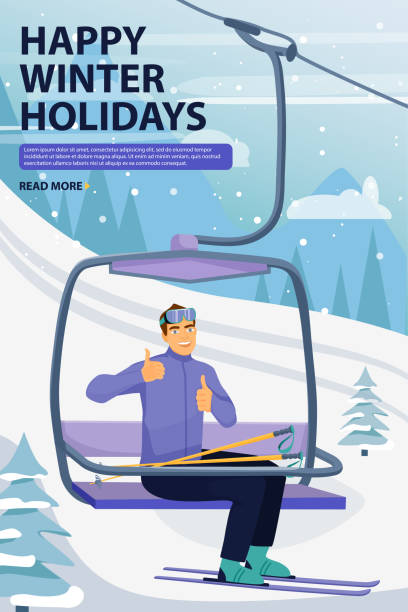 Winter vacations activity concept. Happy man rise to the ski lift elevator and giving thumbs up sign. Ski resort season is open. Winter vacations activity concept. Happy man rise to the ski lift elevator and giving thumbs up sign. Ski resort season is open. Vector illustration with copyspace. thumbs up for skiing stock illustrations