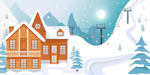 Vector illustration of Ski resort banner illustration with wooden house and ski lift on snowy landscape with mountains, fir trees and snow hills.