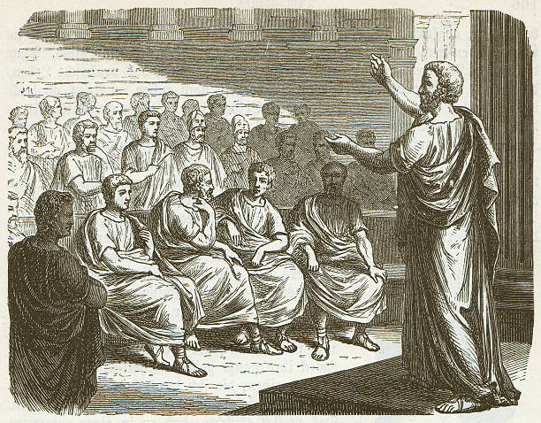 Demosthenes (384 BC-322 BC), wood engraving, published in 1882 Demosthenes delivering a condemning speech against Philipp of Macedonia. Demosthenes (384 BC - 322 BC) was the greatest Greek orator. After the "Peace of Philokrates" (346 BC), he rose to become the leading statesman of Athens. Philip II (ca. 382 BC - 336 BC) was the King of Macedonia from 359 to 336 BC and was the father of Alexander the Great. Woodcut engraving, published in1882. ancient greece stock illustrations