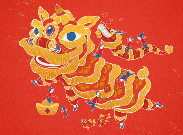 illustrazioni stock, clip art, cartoni animati e icone di tendenza di danza del leone di capodanno - lion dance