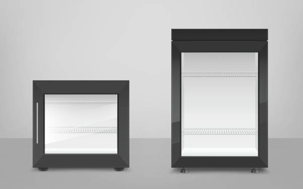 leerer schwarzer minikühlschrank mit glastür - small shelf stock-grafiken, -clipart, -cartoons und -symbole