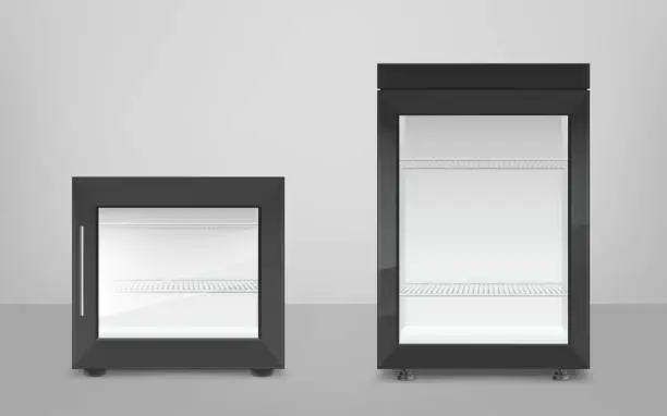 Vector illustration of Empty black mini refrigerator with glass door