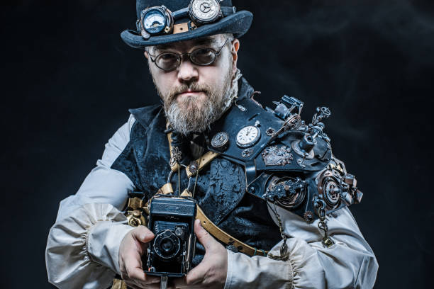 istock Steampunk male military character in a studio shot 1195018953