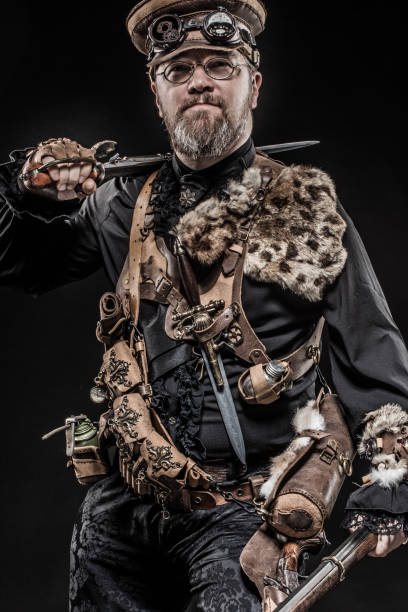 istock Steampunk male military character in a studio shot 1195019943