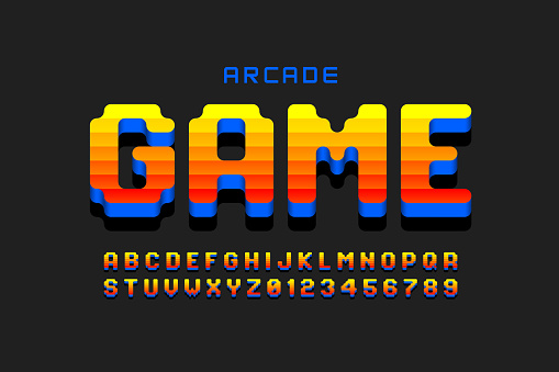 Arcade game style font design, retro 80s video game alphabet, letters and numbers vector illustration