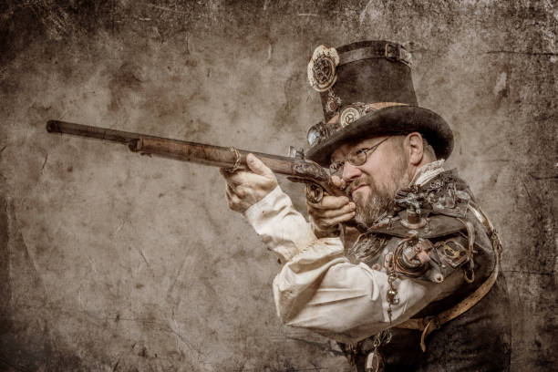 istock Steampunk male military character in a studio shot 1195020275
