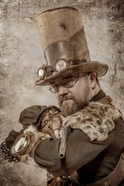 istock Steampunk male military character in a studio shot 1195020276