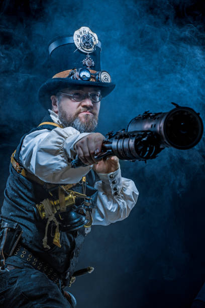 istock Steampunk male military character in a studio shot 1195020281