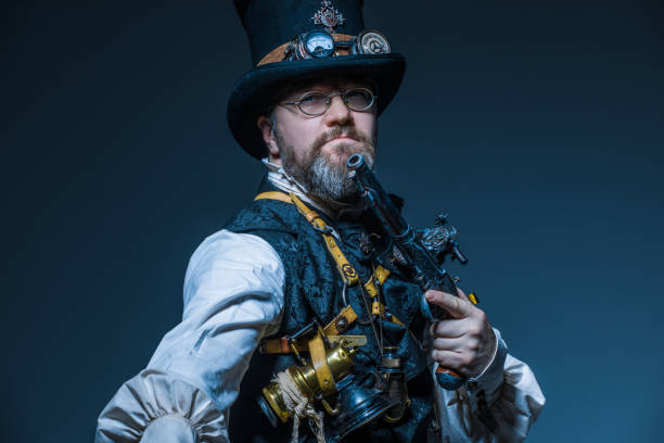 istock Steampunk male military character in a studio shot 1195020296