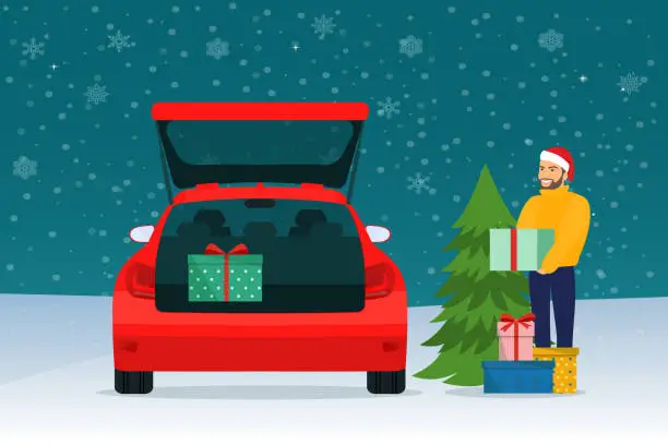 Vector illustration of Man with gift boxes next to the trunk of the station wagon car. Vector flat style illustration.