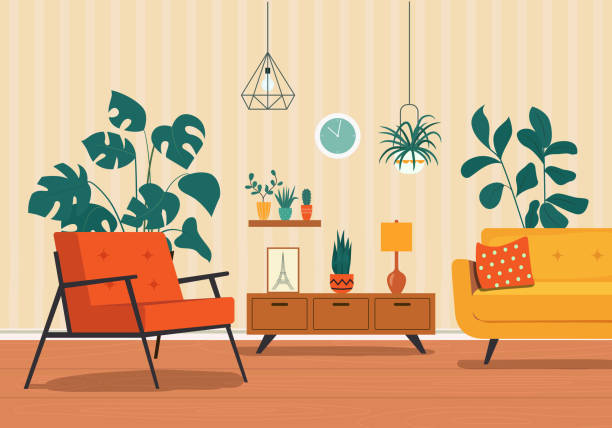 ilustraciones, imágenes clip art, dibujos animados e iconos de stock de cómoda silla, sofá y plantas de la casa. ilustración plana vectorial - indoors nobody color image illustration and painting