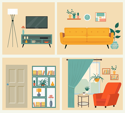 Interior. Living room with sofa, table, lamp, pictures, window, TV. Vector flat style illustration.