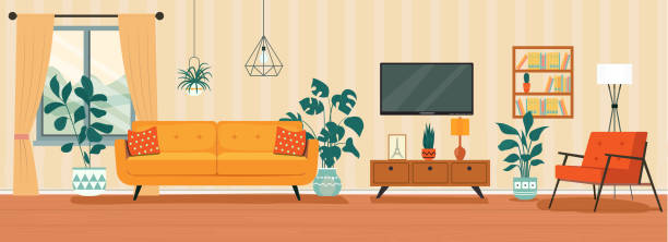 ilustraciones, imágenes clip art, dibujos animados e iconos de stock de salón interior. cómodo sofá, tv, ventana, silla y plantas de la casa. ilustración de estilo plano vectorial - viñeta ilustraciones