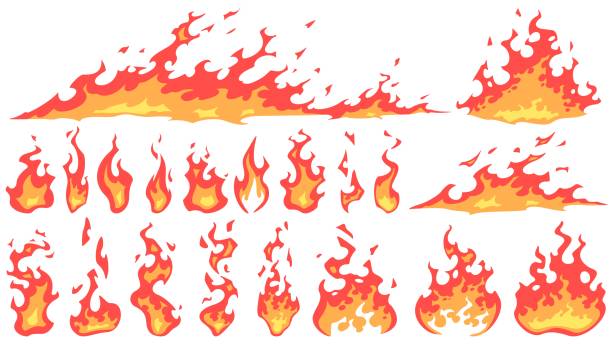 cartoon feuer flammen. feuerball-flamme, rotes heißes feuer und lagerfeuer feurige silhouetten vektor-set. brennende wirkung, gefährliches naturphänomen. flammender waldbrand isoliert auf weißem hintergrund - flame fire fireball exploding stock-grafiken, -clipart, -cartoons und -symbole