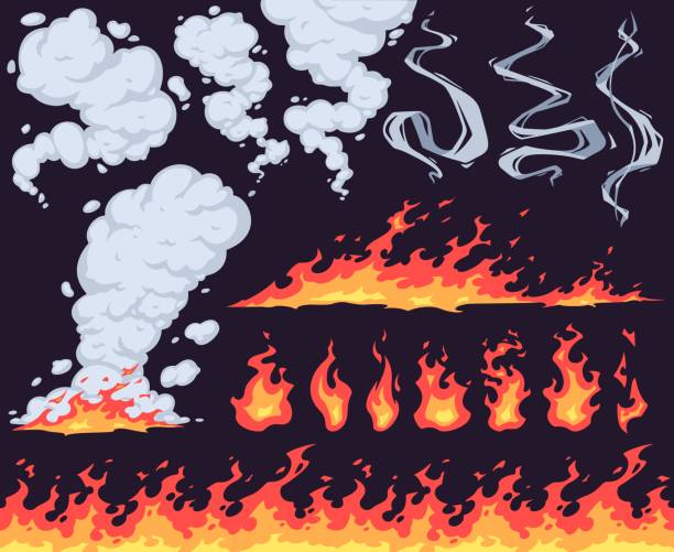 ilustraciones, imágenes clip art, dibujos animados e iconos de stock de fuego de dibujos animados y humo. llama de fuego brillante, llamas ardientes rojas y nubes de humo efecto vector establecido. peligroso incendio forestal, fenómeno natural aislado en fondo oscuro. blaze resplandeciente con humos ahumados - wildfire smoke