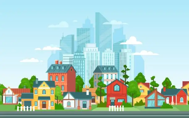 Vector illustration of Suburban landscape. Urban architecture, small and big city buildings. Suburbans houses cartoon vector illustration. Countryside, suburbs with private cottages with city skyline on background