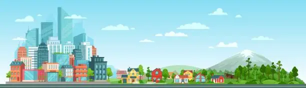 Vector illustration of Urban and nature landscape. Modern city buildings, suburban houses and wild forest vector illustration. Contemporary metropolis with skyscrapers, suburbs with cottages and woods composition